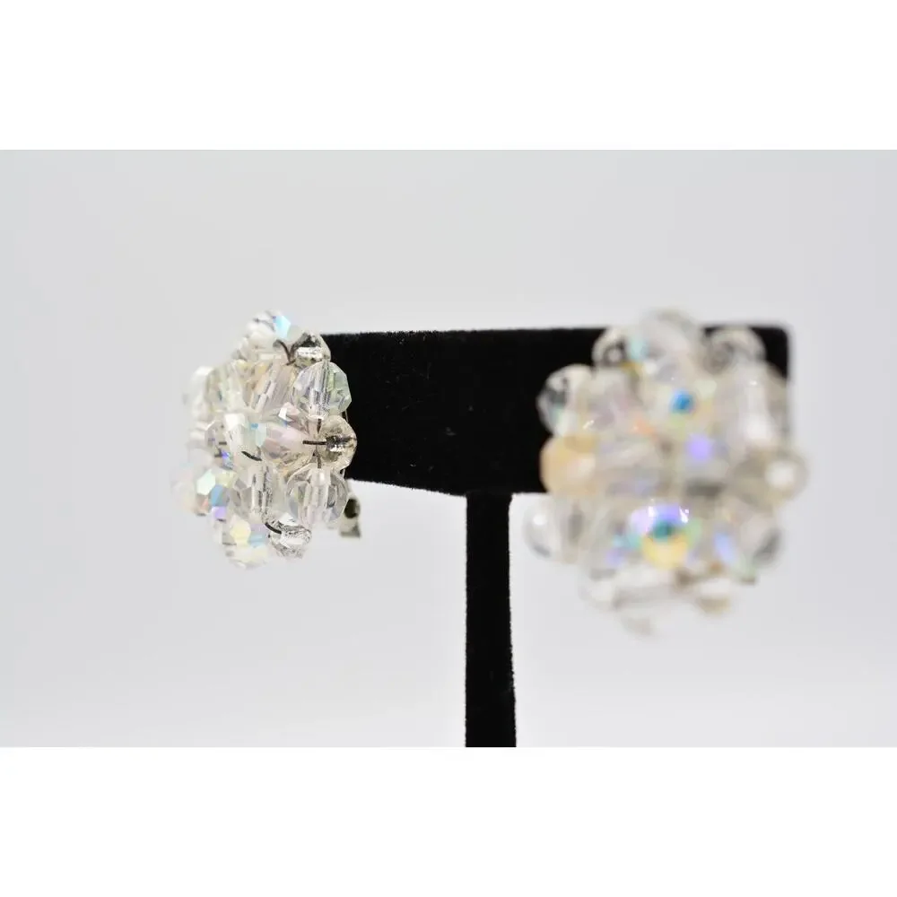 Vintage Crystal Clip On Earrings Aurora Borealis AB Cluster Silver Tone BinAA